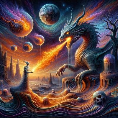 The primary subject of the image is a dragon, which is the main object, scene, or focus of the image. The dragon is surrounded by a vibrant and colorful environment, with a purple sky and a backdrop of a castle. The visual style of the image is digital art, as it is a detailed and intricate illustration. The dominant colors in the image are purple, orange, and blue, creating a lively and energetic atmosphere.